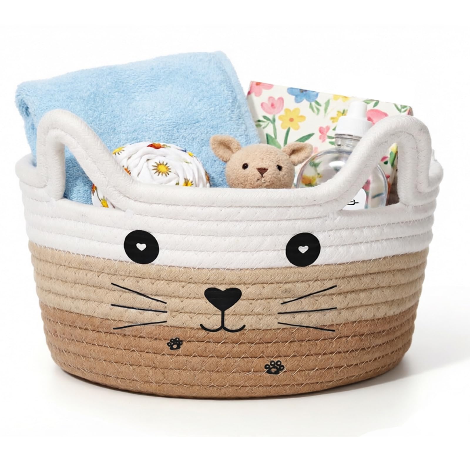 Cat Toy Box, 8.3 X 4.7 Inch Cat Toy Basket, Toy Storage Boxes, Cat Basket for Pet Toys Cute Storage Basket with Ears Decorative Small Toy Box for Puppy Decorative Storage Basket(White Brown Khaki)