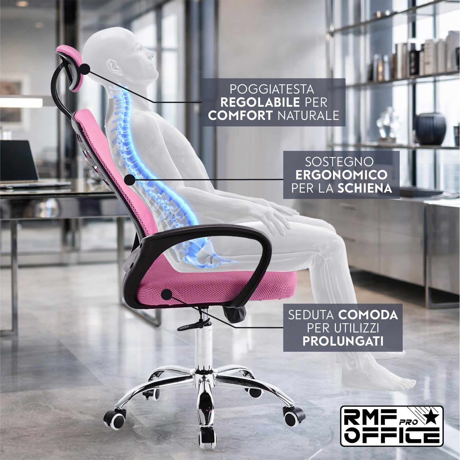 RMF Sedia Ufficio Ergonomica Professionale Reclinabile, Sedia Scrivania in Rete con PoggiaTesta Seduta Comoda e Rilassante - Poltrona Relax Ufficio con Ruote Girevoli Altezza Regolabile Rosa