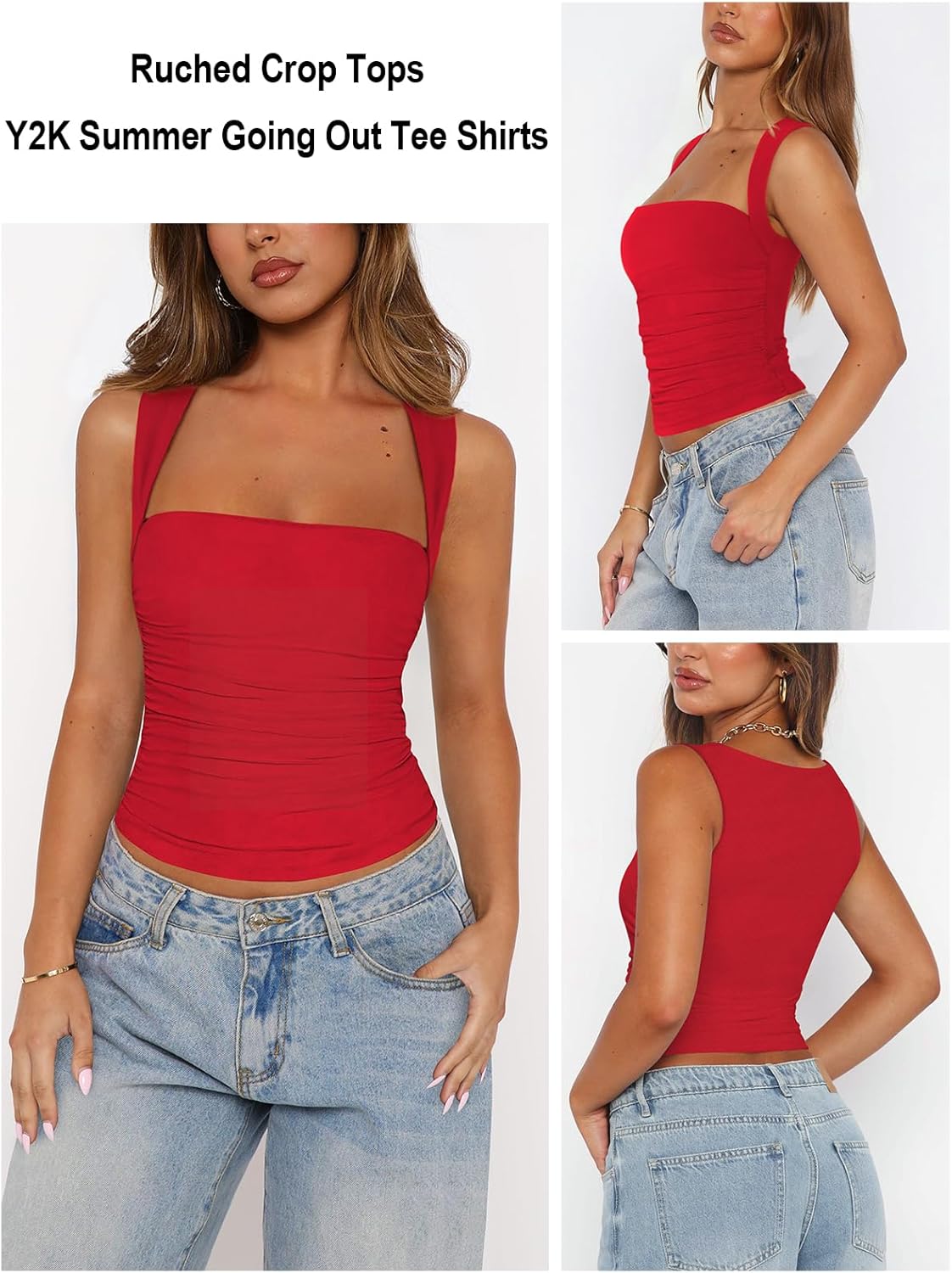 Womens Square Neck Tank Top Mesh Side Ruched Double Lined Y2k Trendy Going Out Tops Summer Basics Clothes - Image 3