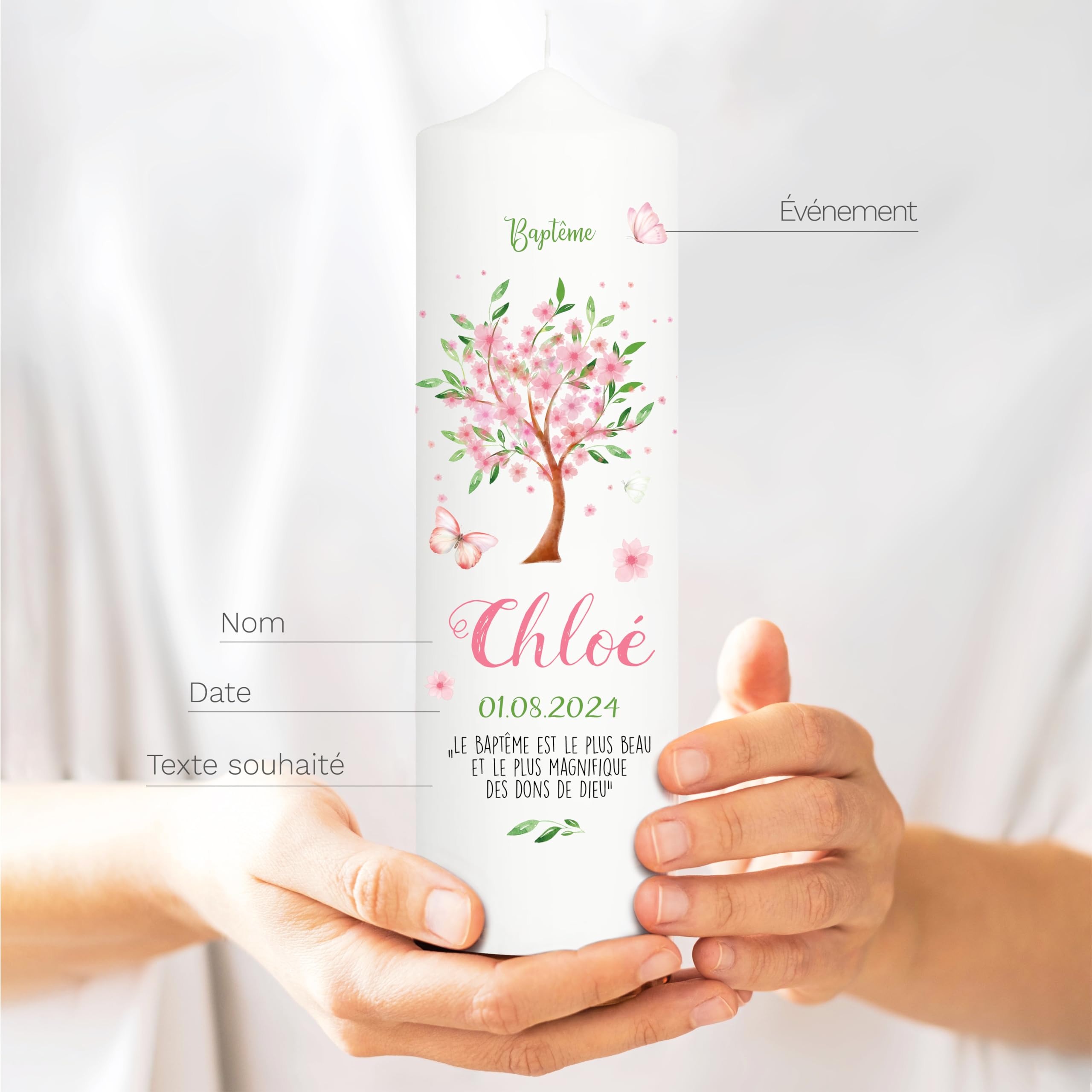 Bougie Baptême personnalisée Fille motif Arbre fleuri – Cierge Baptême avec prénom et date – Bougie imprimée – cierge personnalisé – 25 x 7 cm