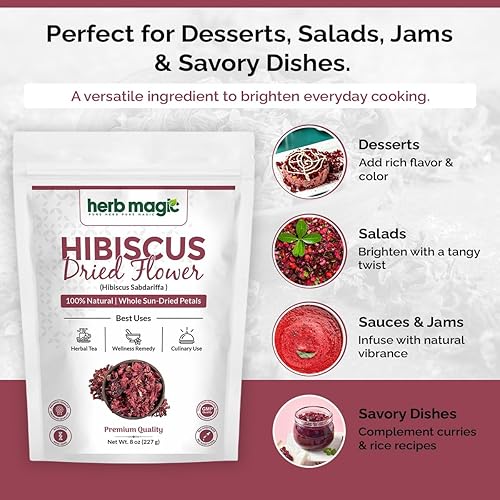 Miniatura 3 de Herbmagic Flor de hibisco seca 8 onzas, flor entera y pétalos para té de hierbas, flor de Jamaica y bebidas refrescantes  Flor de Jamaica (Hibiscus
