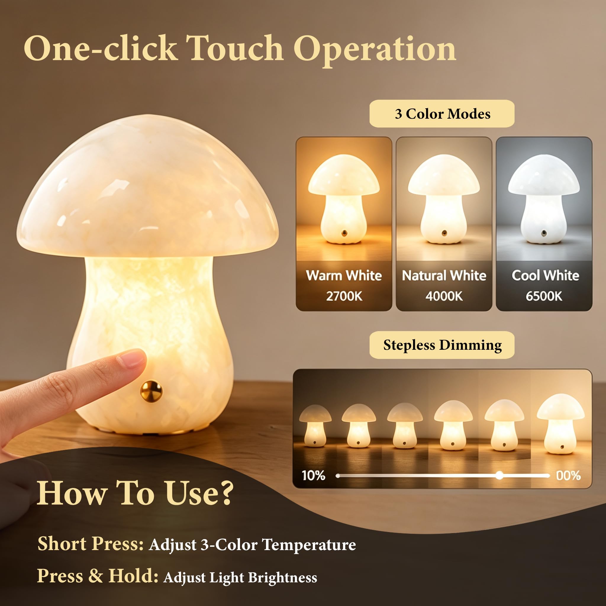 Lampada a fungo in marmo touch, luce notturna wireless ricaricabile USB
