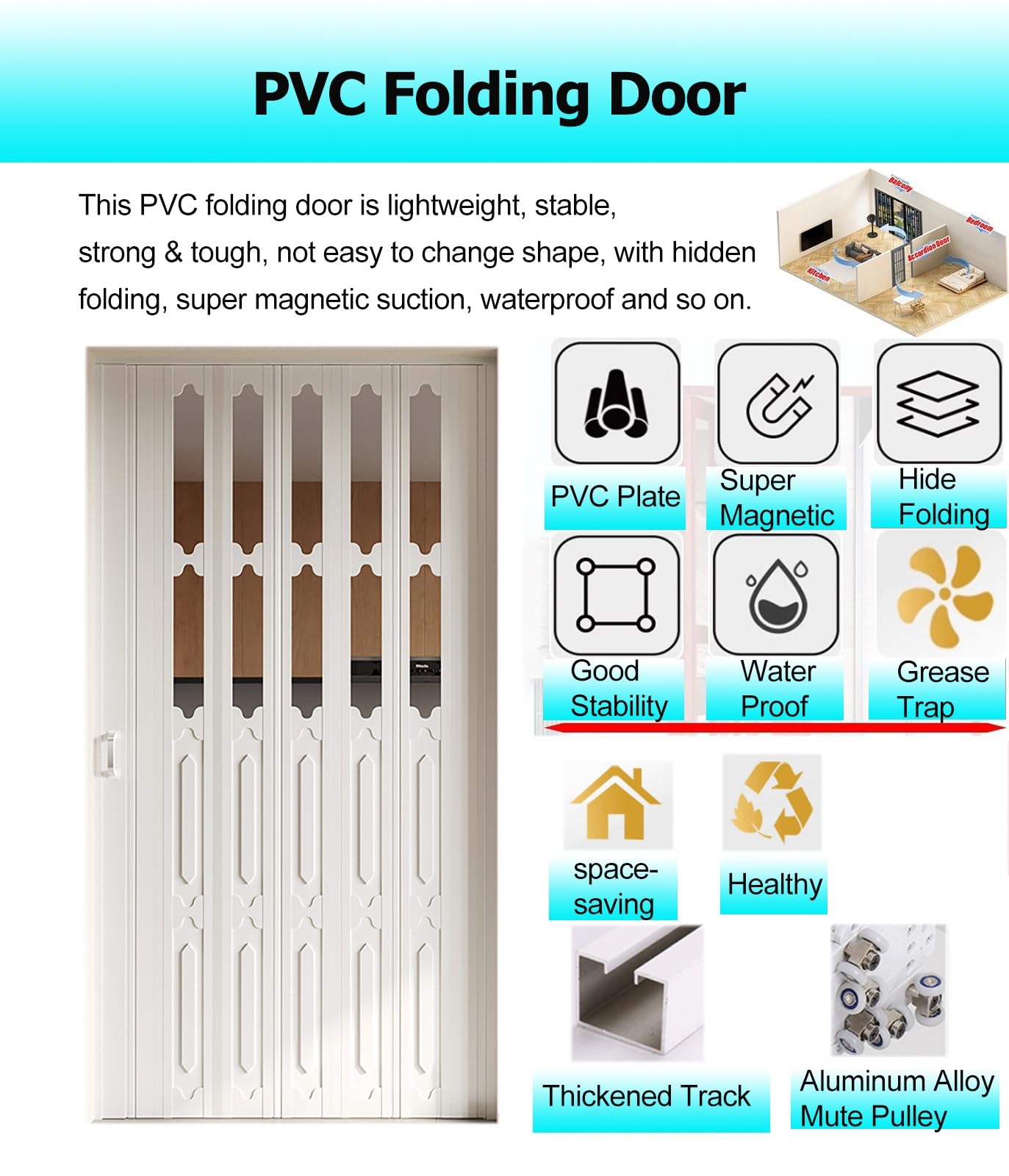 HAIXHX Porta scorrevole a fisarmonica in PVC per camera da letto, cucina, ufficio, corridoio, capanno e armadio all'aperto, 142,2 x 203,2 cm, personalizzabile
