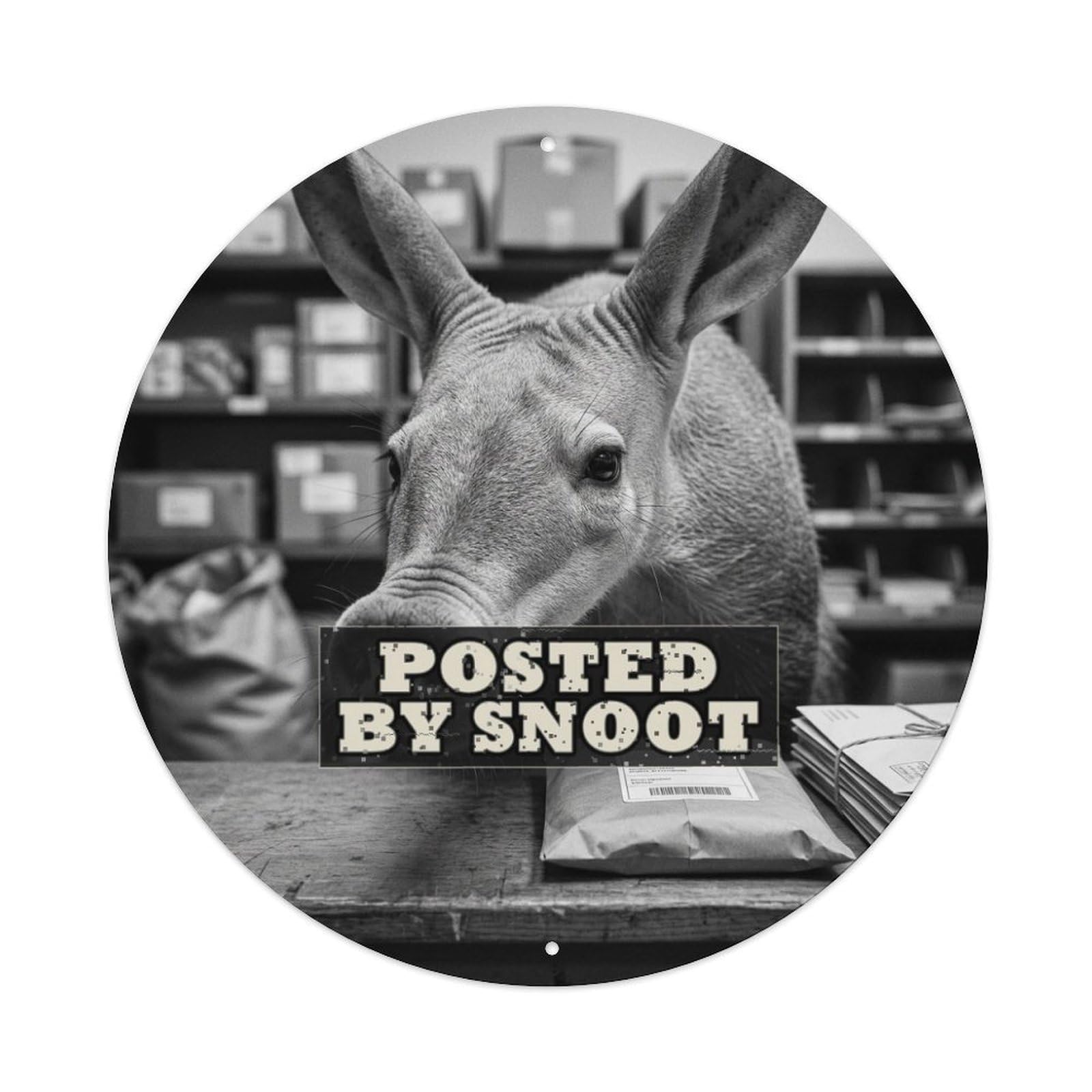 Animal Aardvark Mail Room Vintage Anthropomorphic Oddity Humor Metal Tin Sign Plaque Wall Decor for Cafe, Man Cave, Club Bar, Office, Home Garden Round Metal Poster 8x8Inch