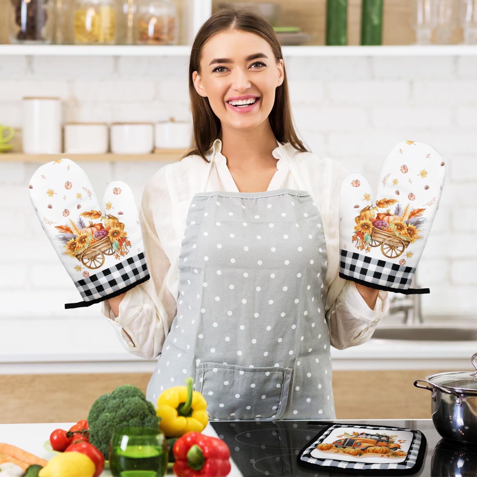 Bencailor 6 Pcs Fall Kitchen Towels Pot Holders and Oven Mitts Set Vintage Fall Dish Towel Absorbent Soft Pumpkin Pot Holders for Autumn Thanksgiving Cooking Baking Grilling Supply(Sunflower Pumpkin)