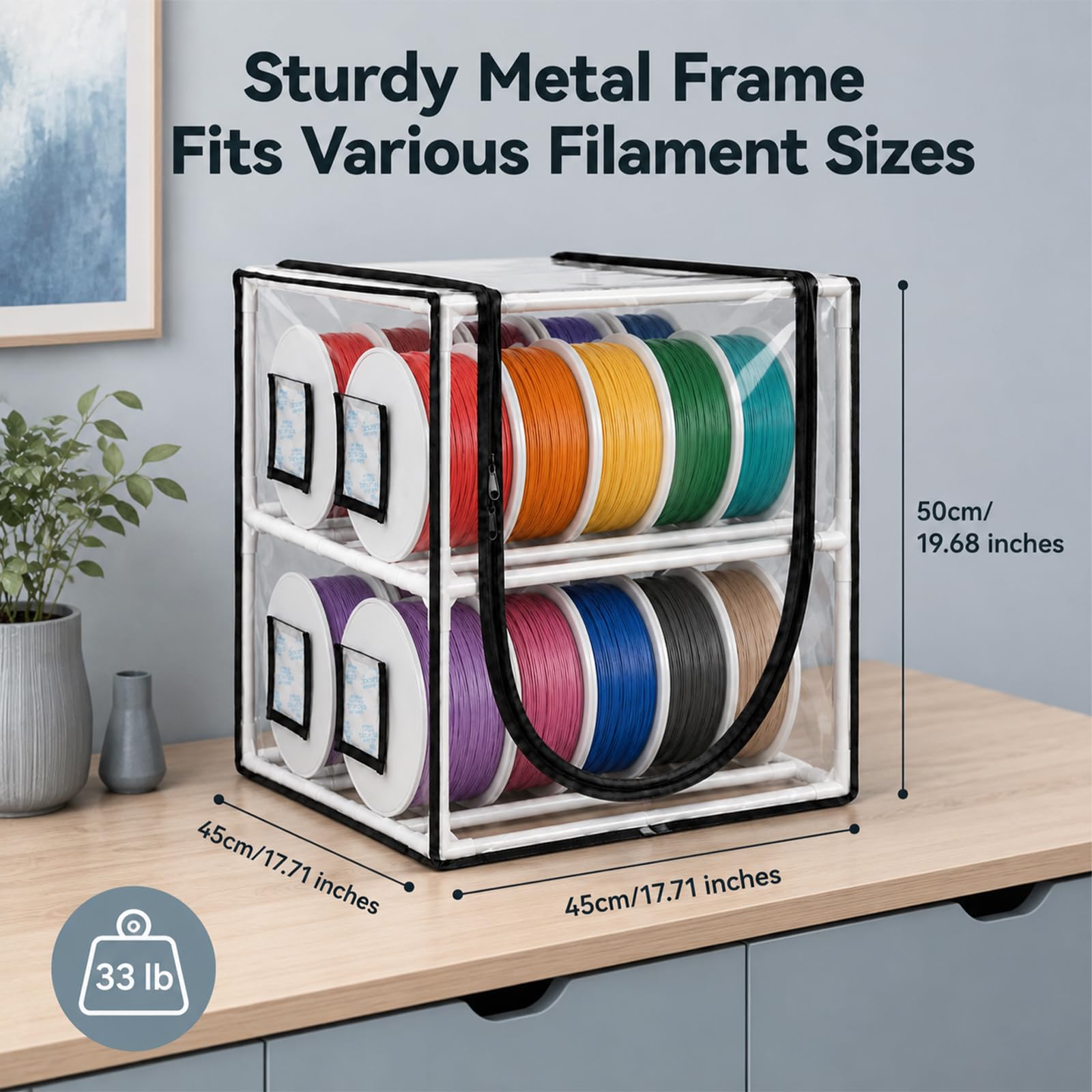 Contenitore per filamenti 3D, scaffale in metallo a 2 ripiani, copertura trasparente, ermetico e antipolvere, spazio per 20-24 rotoli, include 4 confezioni di gel di silice riutilizzabili, per PLA
