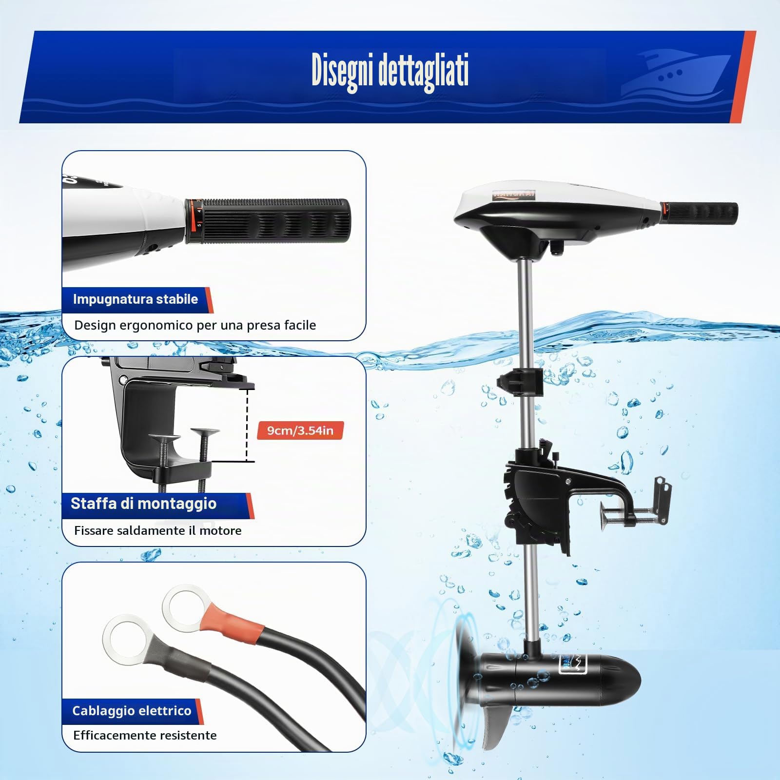 Motore Fuori Bordo Elettrico, 12V 66LBS, Barca Kayak | Rame Puro 660W, Elica 3 Pale, Pesca Fiume Acquacoltura, Manico telescopico, Carico 600kg