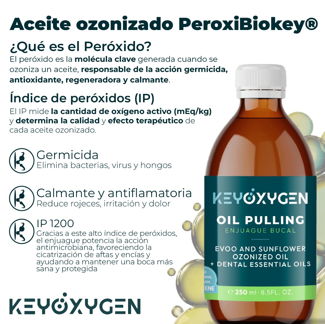 Enjuague Bucal Oil Pulling sin Alcohol Natural para Encias y Dientes con Aceite de Oliva Virgen Extra y Girasol Ozonizados + Aliento fresco y Cuidado de la Mucosa Bucodental
