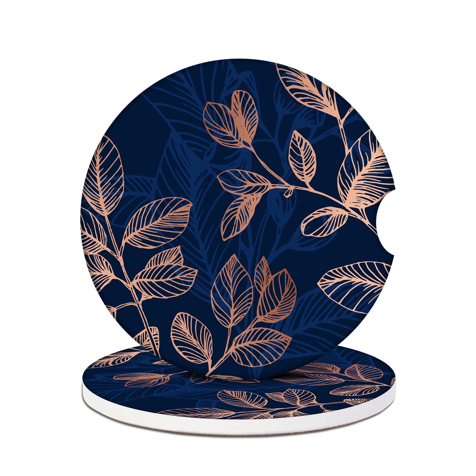 Car Cup Holder Coasters - Gold Tropical Leaves Absorbent Ceramic Coaster 2 Pack, Anti Slip Car Coasters for Cup Holders, Fashion Car Interior Accessories Drink Coaster for Women & Men