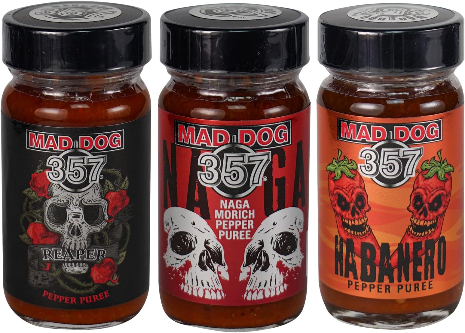 Mad Dog 357 Habanero/Carolina Reaper/Naga Morich Ghost Pepper Puree Three Jar Hot Pack