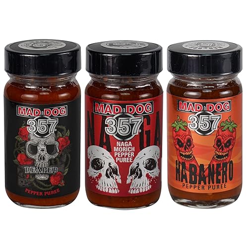 Mad Dog 357HabaneroCarolina ReaperNaga morich Ghost Pimienta purés de tres Jar Hot Pack