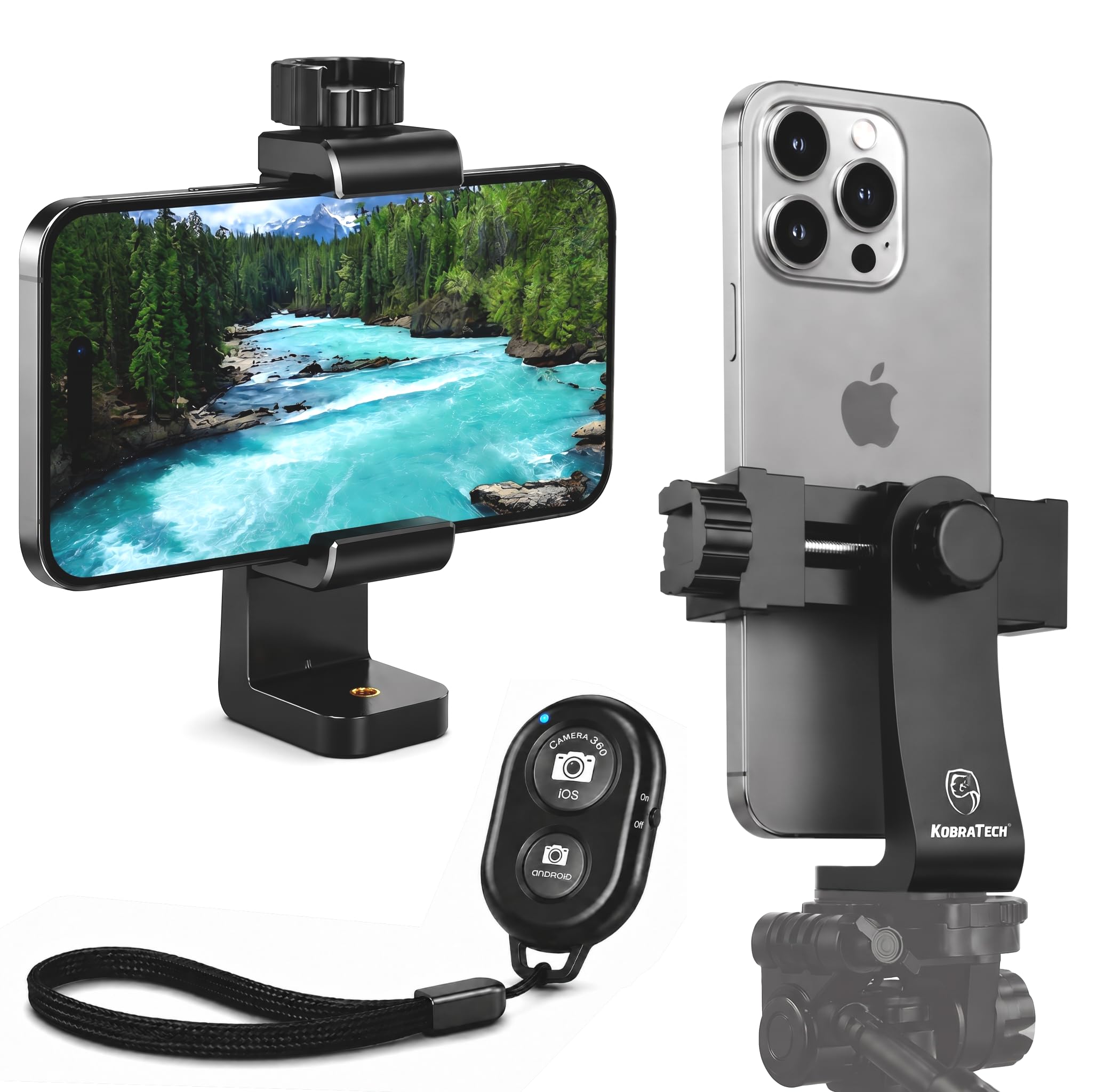KobraTech Supporto Smartphone Treppiede - UniMount 360 Adattatore Smartphone Treppiede con Otturatore Remoto Bluetooth