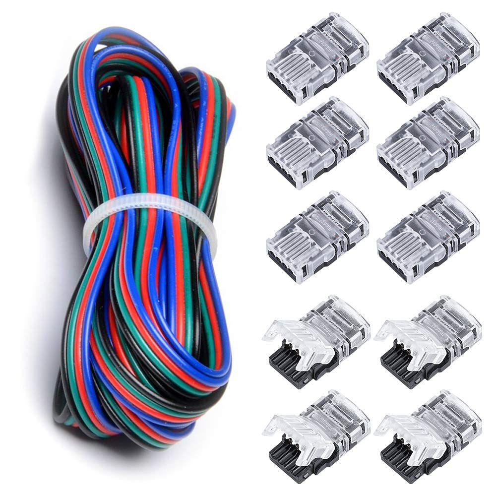 BZONE 10 Pack LED Strip Connector 4 Pin with 16.4FT Extension Cable for Waterproof 10mm Wide 5050 RGB LED Strip Lights, Strip to Wire Quick Connection, 22-20 AWG