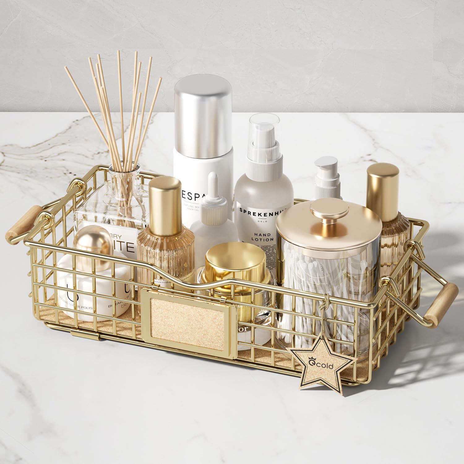 Qcold Metal Wire Basket Storage, Bathroom Basket for Organizing, Bathroom Counter Organizer with Wooden Handles, Farmhouse Bathroom Decor Tray, Toilet Paper Basket Storage (Small, Goldenen)