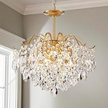 AGV LIGHTING CH012CO K9 Crystal Chandeliers, Modern Pendant Light Fixture, D16 x H81Adjustable, Perfect for Living Space, E12 6-Lights, Brass Finish Metal Frame