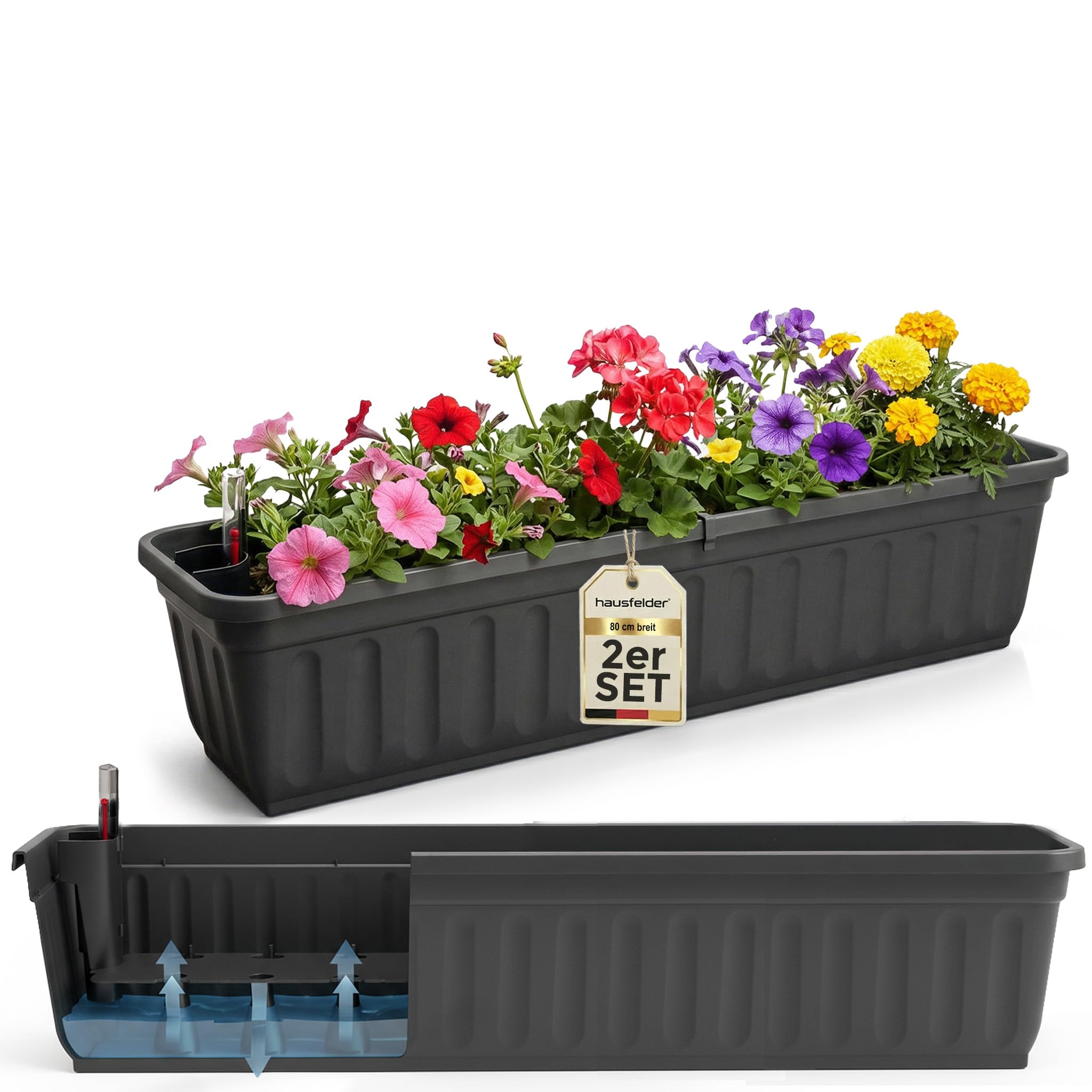 Hausfelder Blumenkasten 80 cm mit Wasserspeicher 2er Set, Balkonkasten mit  Bewsserungssystem und Wasserstandsanzeige, Pflanzkasten fr Innen und ...