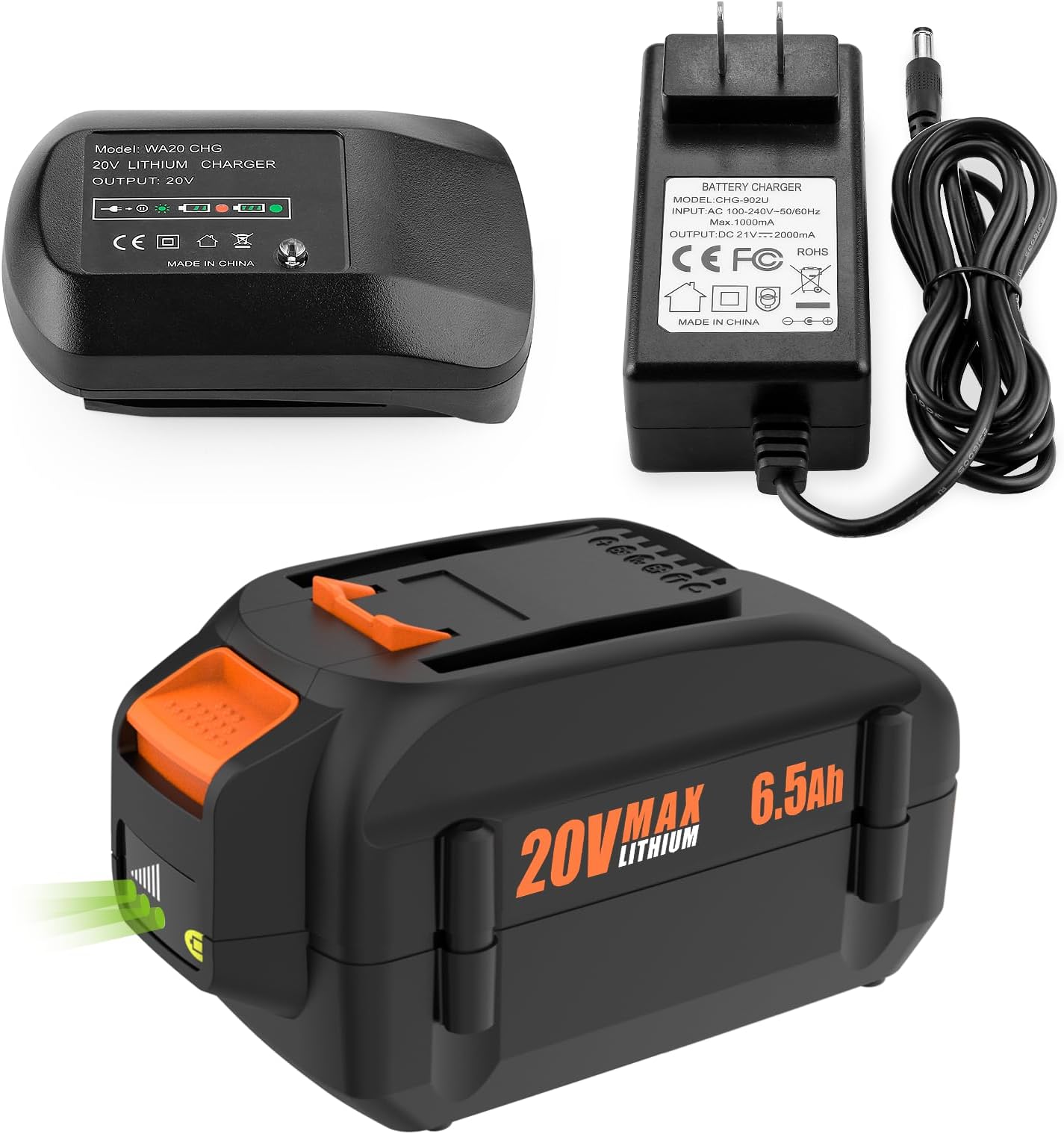 20V 6.5Ah Replacement Wor 20V Battery and Charger Starter Kit, for WA3525 WA3520 WA3575 WA3578 20V PowerShare Battery, for 40V (2X20V) Tool + WA3742 Wor 20V Charger