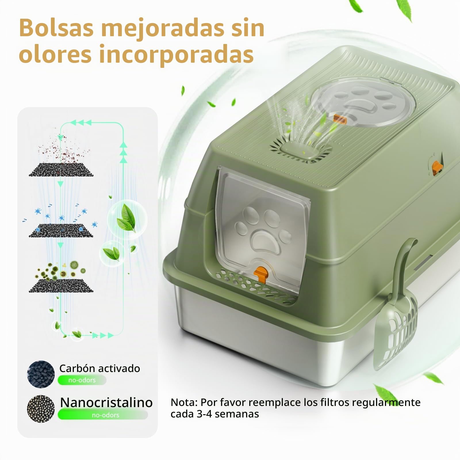 Arenero Acero Inoxidable Gatos, XXL Arenero Cerrado para Gatos, 60 x 40 x 39 cm, Caja de Arena con Pala - Verde