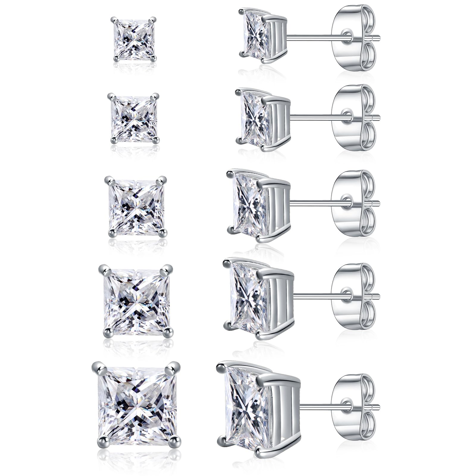 Gemsme 5 Pairs Princess Cut Cubic Zirconia Stud Earrings for Women/Men - 18K Gold Plated Hypoallergenic 3-7mm Square Clear CZ Earring Set