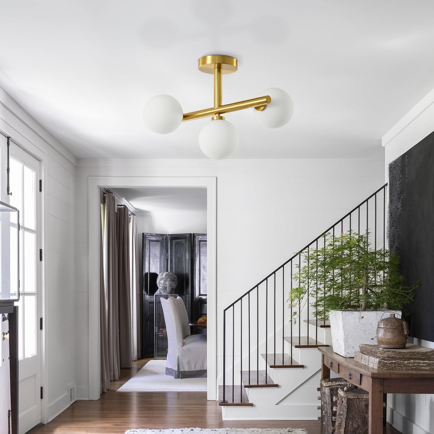 Globe Milk Glass Ceiling Light: Gold 3 Lights Sputnik Chandelier - Linear Mid Century Modern Semi Flush Mount Ceiling Light - 13 Inch Brass Lighting Fixture with Sphere Shade for Bedroom Living Room