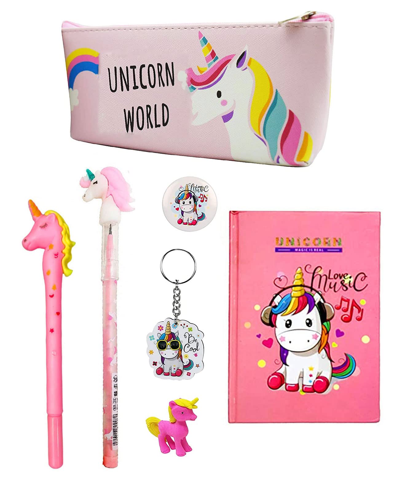 KOBBET® Unicorn Gift Pack of 7 in 1 for Girls - Pouch, Notebook, Gel Pen, Stacking Pencil, Eraser, Keychain, and Badge - Random Designs Best Return Gift Party Favour Gift for Girls Kids Diwali Gift (B0BGP7YSTY) Amazon Price History, Amazon Price Tracker