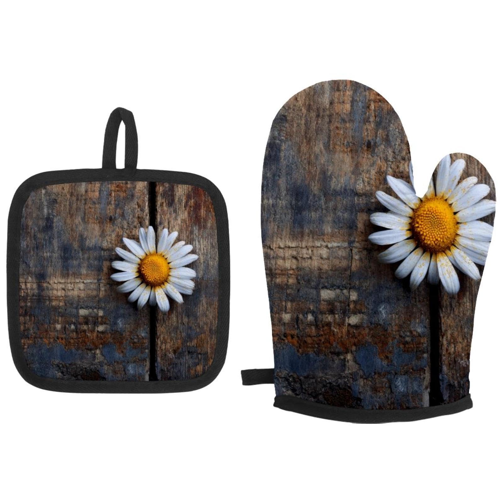 Maniques en bois résistantes à la chaleur décoration de cuisine motif marguerite set de 4
