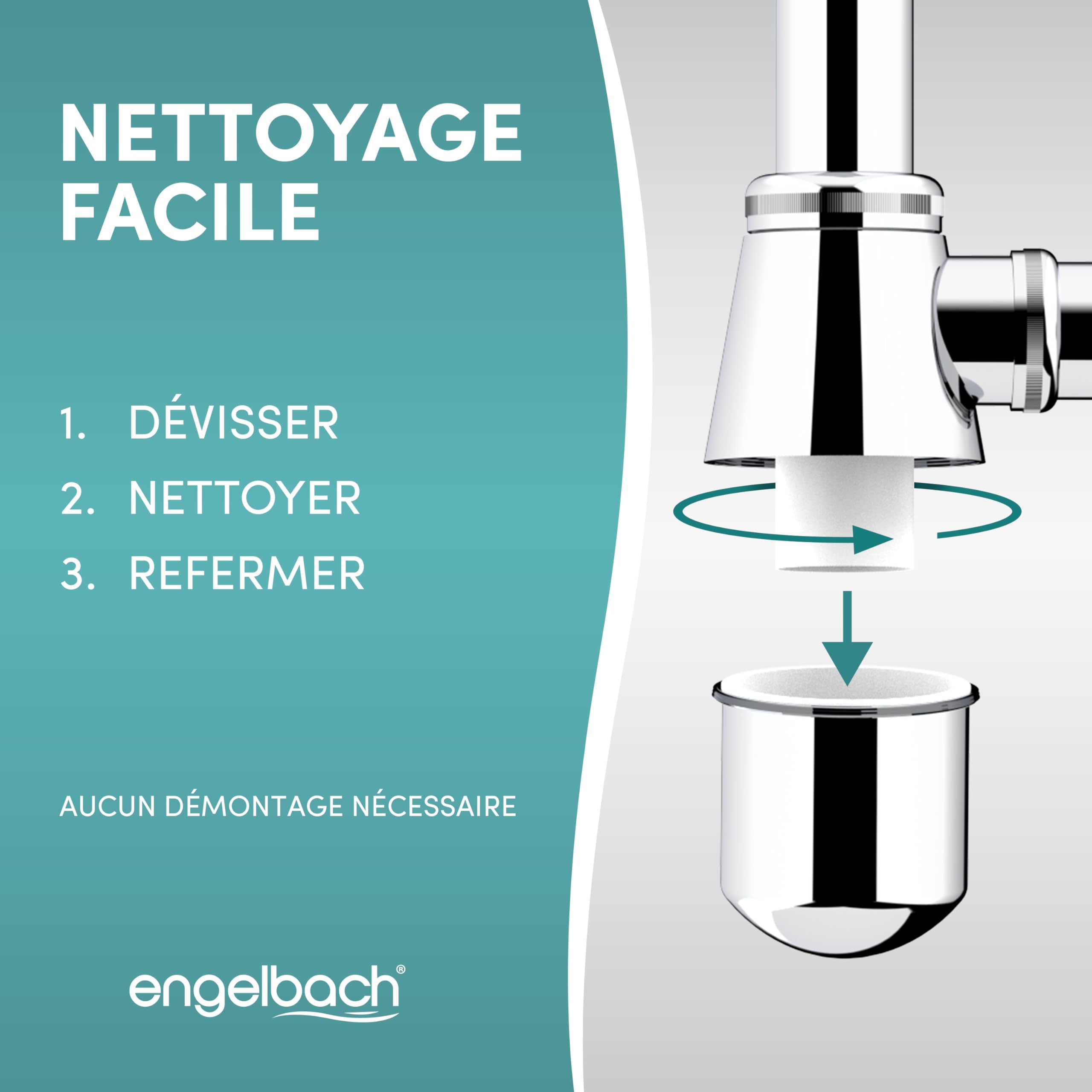 Engelbach® Siphon lavabo 1 1/4" avec ouverture nettoyage - Tube évacuation universel salle de bain avec joint caoutchouc et guide d’installation