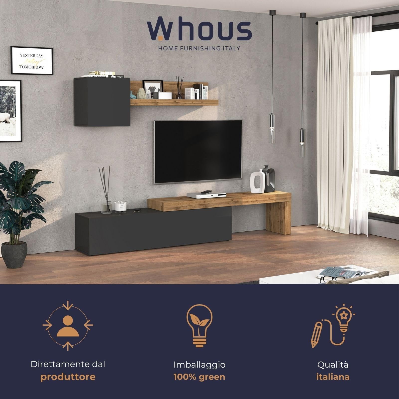 WHOUS Parete Attrezzata CHRONOS per Soggiorno, Mobile Tv Regolabile, Cubo con 1 Anta e Mensola per Salotto in Legno, 190/350x40 cm, Antracite Opaco e Rovere