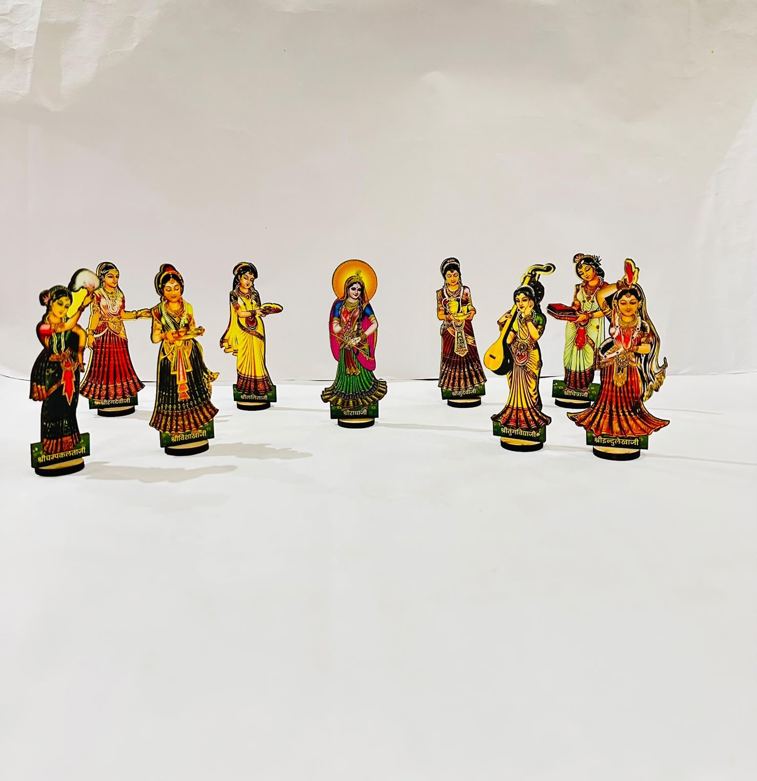 Radhe Creations Asht Sakhiyan MDF Wooden Cutout Set with Stand | Radha ji with Ashta Sakhiyan Decorative Showpieces | Hindu Religious Table Decor | Pooja Room & Home Decoration (Set of 8pcs, 5 inches)-image-23