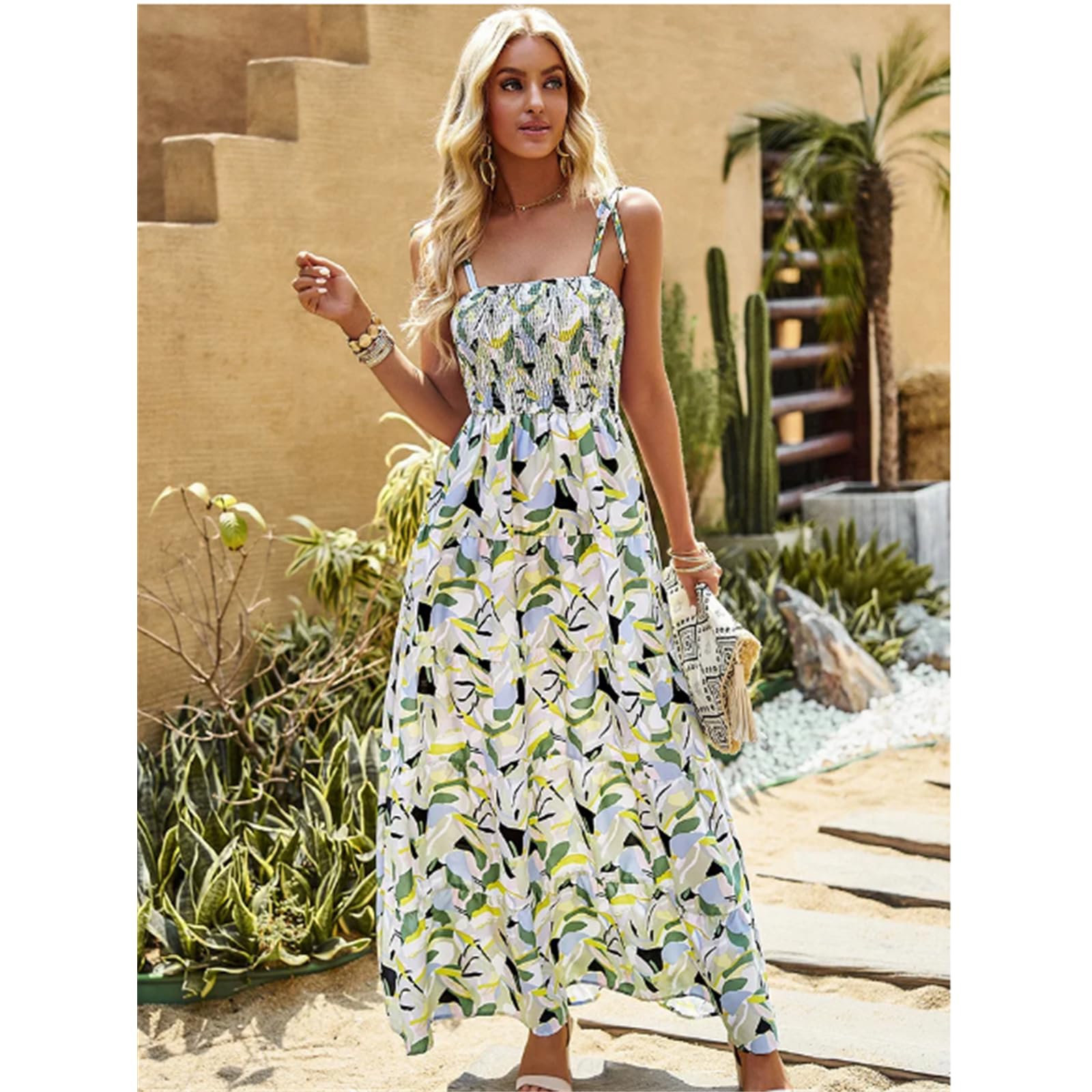 Vestidos de Tirantes de Cuello V Estampados en Verano Flores Vestidos Largos de Cintura sin Mangas Mujeres Delicados Y Elegantes Al Estilo Bohemio, HUTALIM, Blanco, m
