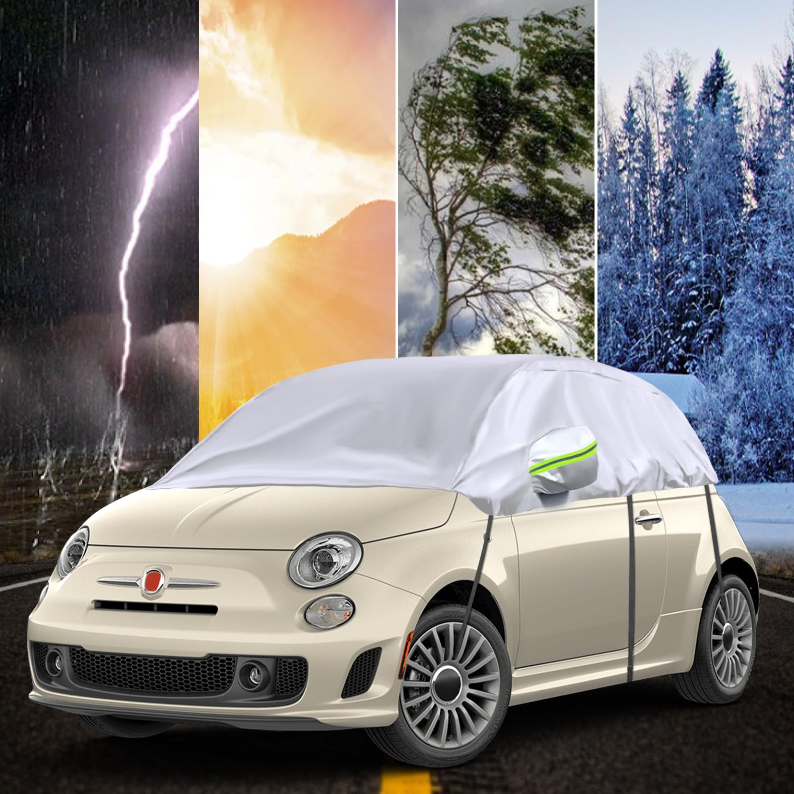 Housse Bache Voiture pour 2007-2023 Fiat 500 | Demi Bache Voiture Exterieur avec Crochets Ajustables et Bouchons d'oreilles