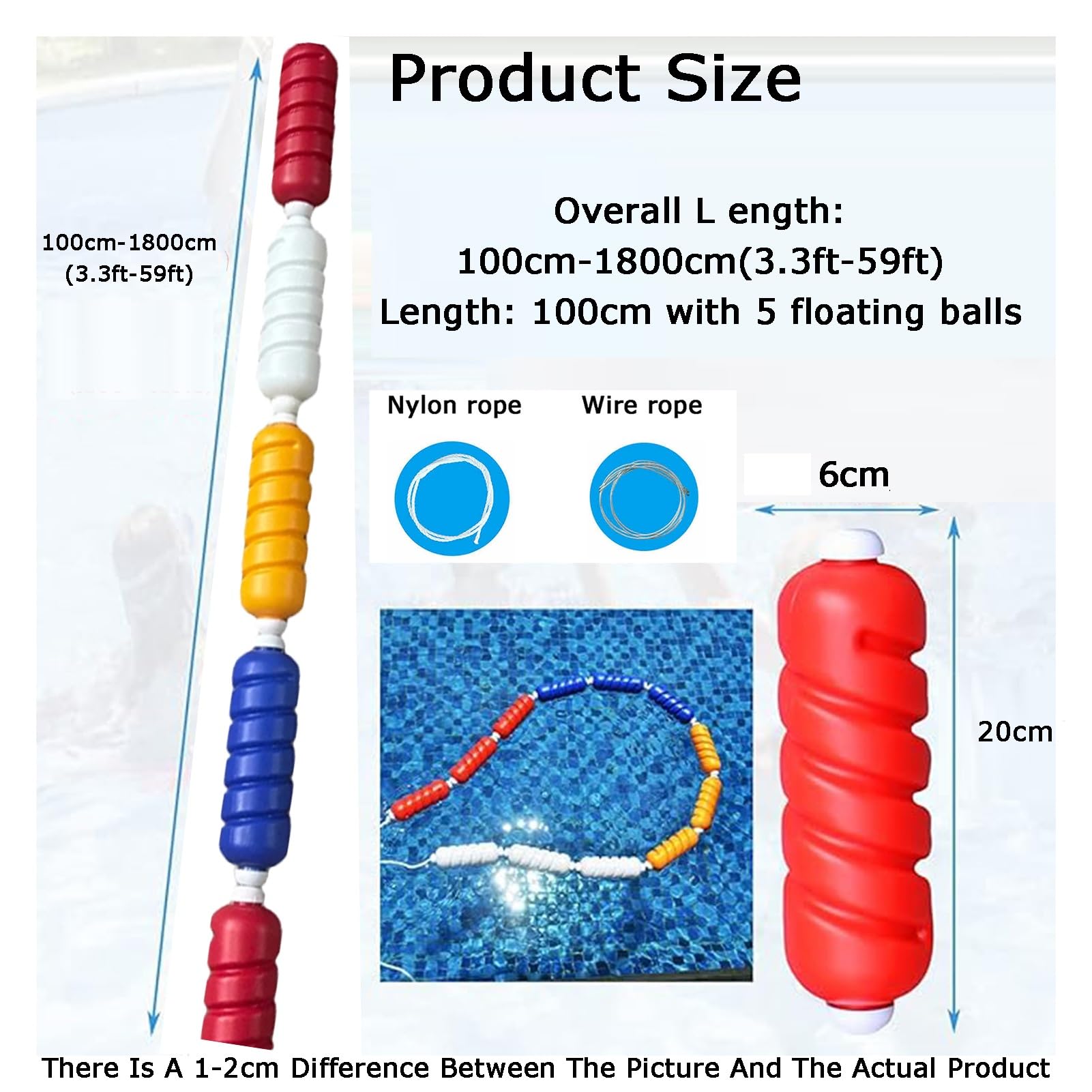 Générique Barrière de sécurité Flottante pour Piscine - Corde spiralée de 6 cm avec câble de 900 cm - Idéale pour Les piscines, Les plages et Les eaux Peu Profondes - Améliore la sécurité et prévient