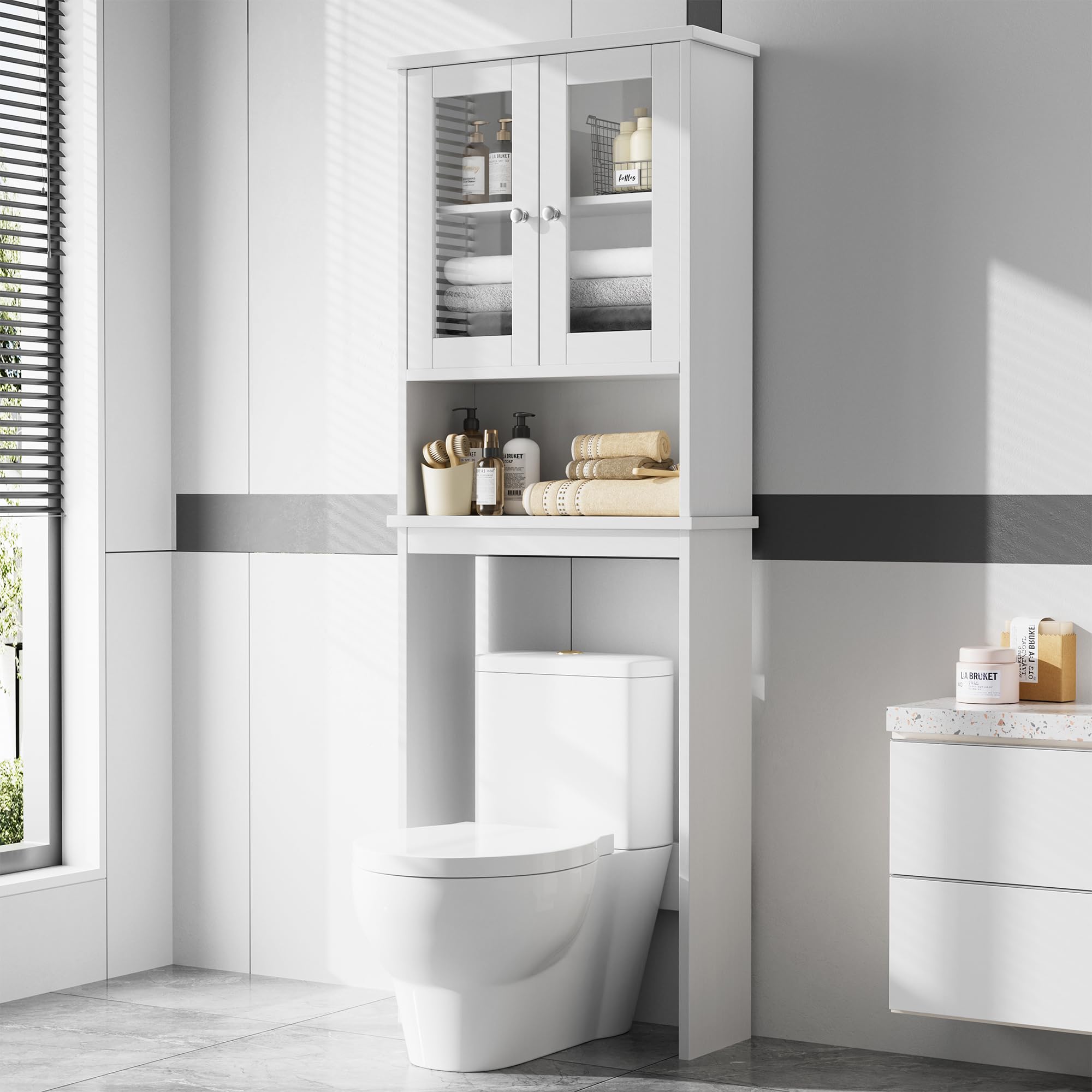 Meilocar Over The Toilet Storage Cabinet, Bathroom Storage Organizer Over Toilet with Glass Doors, Over Toilet Cabinet for Bathroom, Laundry Room, White