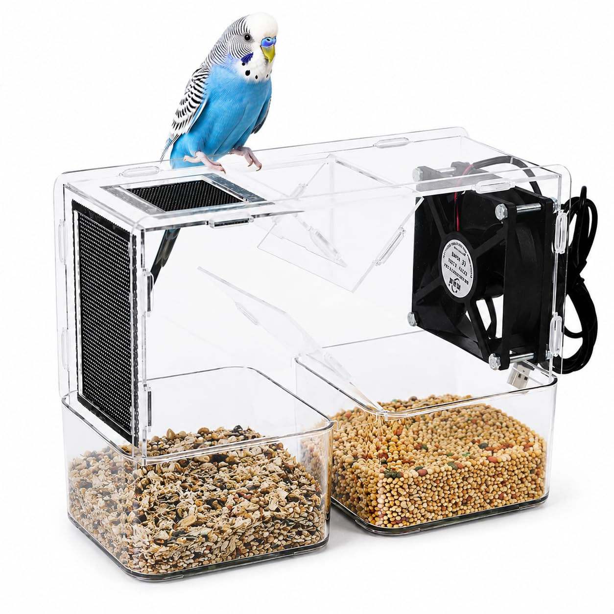 Limpiador de semillas de pájaros para loros y pájaros pequeños, separador de semillas de flujo de aire ajustable con contenedores duales, limpiador acrílico transparente para eliminar cáscaras y