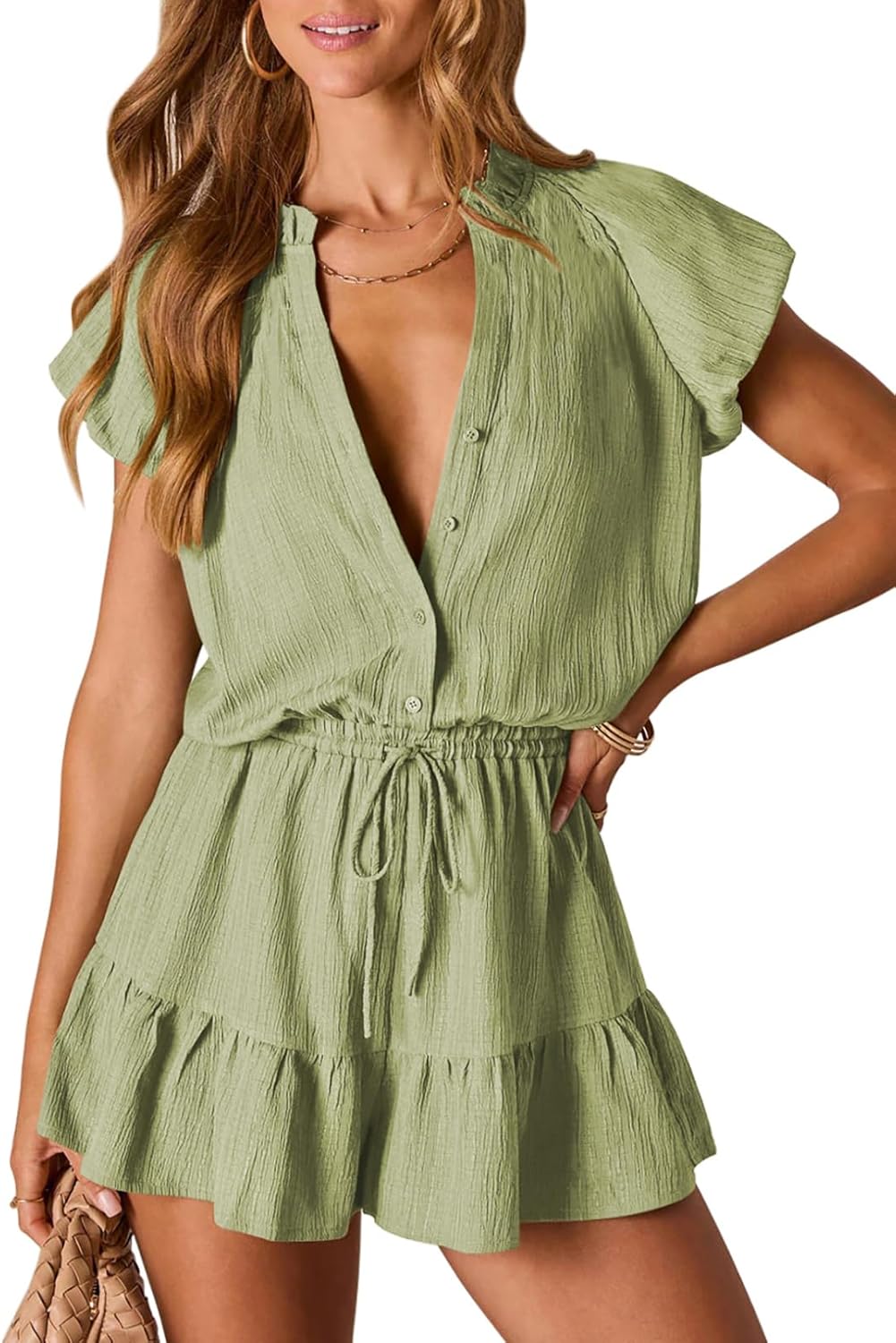 Fixmatti Summer Rompers for Women 2026 V Neck Short Sleeve Button Up Ruffle Jumpsuit Outfit with Pockets