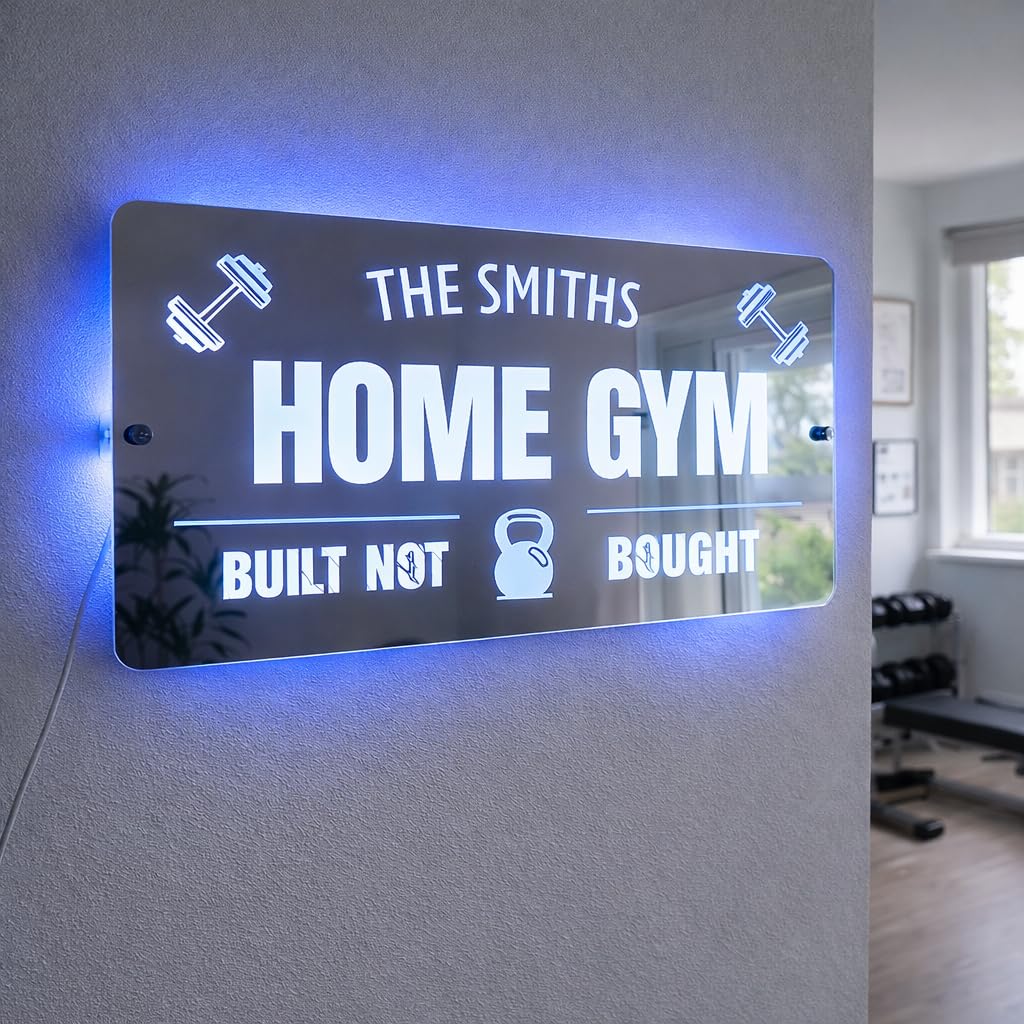 Personalised LED Gym Mirror Sign – Custom Home Gym Wall Light – Multi Colour LED with Remote – Man Cave, Garage Gym & Fitness Room Decor