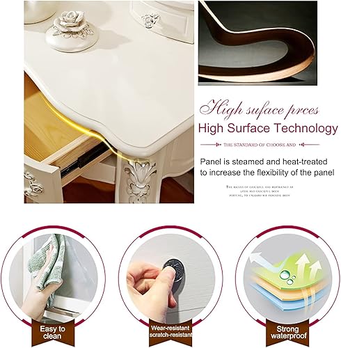 Miniatura 6 de Juego de tocador de estilo europeo con taburete 4 cajones espejo de madera mesa organizadora de almacenamiento de cosméticos para dormitorio