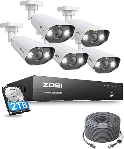 ZOSI Sistema de cámara de seguridad 4K Spotlight PoE NVR de 8 canales de 8 MP con disco duro de 2 TB un cable de red Ethernet de 150 pies 1476ft 5