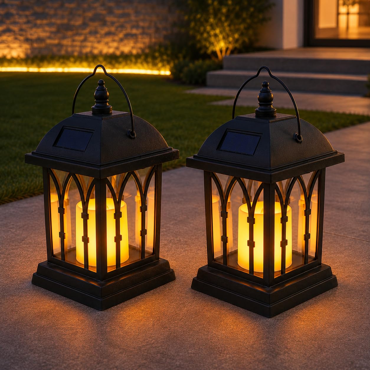 Festive Lights Black – Set Of 2 Solar Garden Candle Lanterns – 27Cm Outdoor Hanging Or Tabletop Lights, Flickering Amber Led Flame Effect, Waterproof, Patio, Garden & Decking Lanterns Gift For Mum