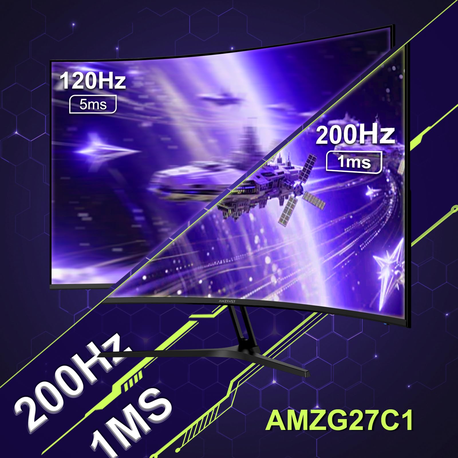 Amzfast 27 Inch Curved Gaming Monitor 200Hz, 1920x1080 FHD, 4000:1 Contrast, sRGB 130%, HDR, 1ms GtG, Adapive Sync, 1500R, Blue Light Filter, for PS5/PC Gaming, VESA 100x100mm, HDMI 2.0&DP 1.4, AMZG27C1 - 4