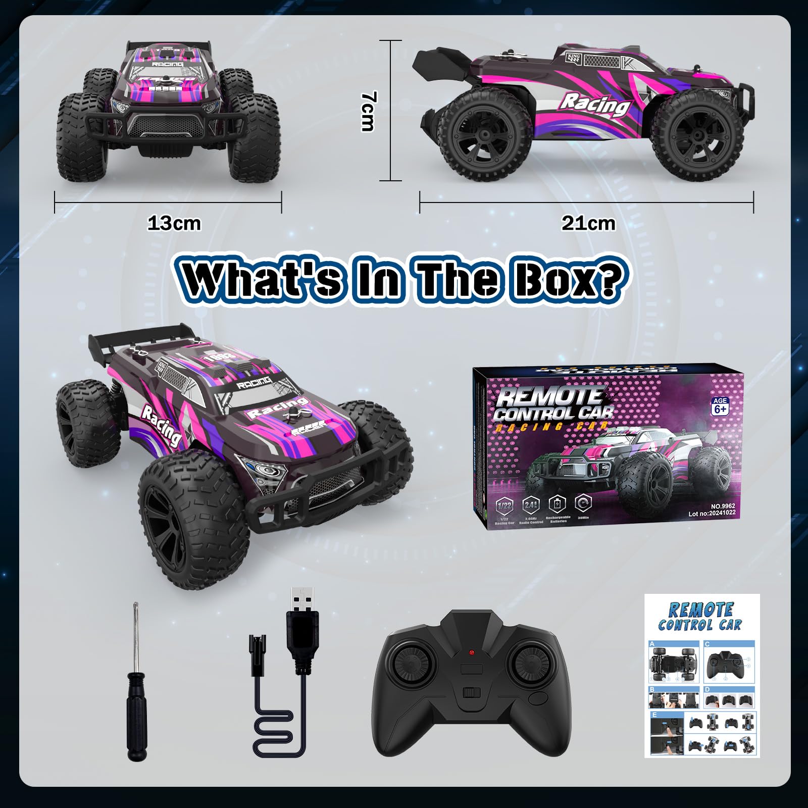 Voiture Télécommandée Tout Terrain, 2.4GHz Voiture Radiocommandée de Course Rechargeable RC Véhicule Jouet Garçon Fille 6 7 8 9 10 11 12 Ans Jeux Exterieur Intérieur Cadeau Enfant Anniversaire Noël