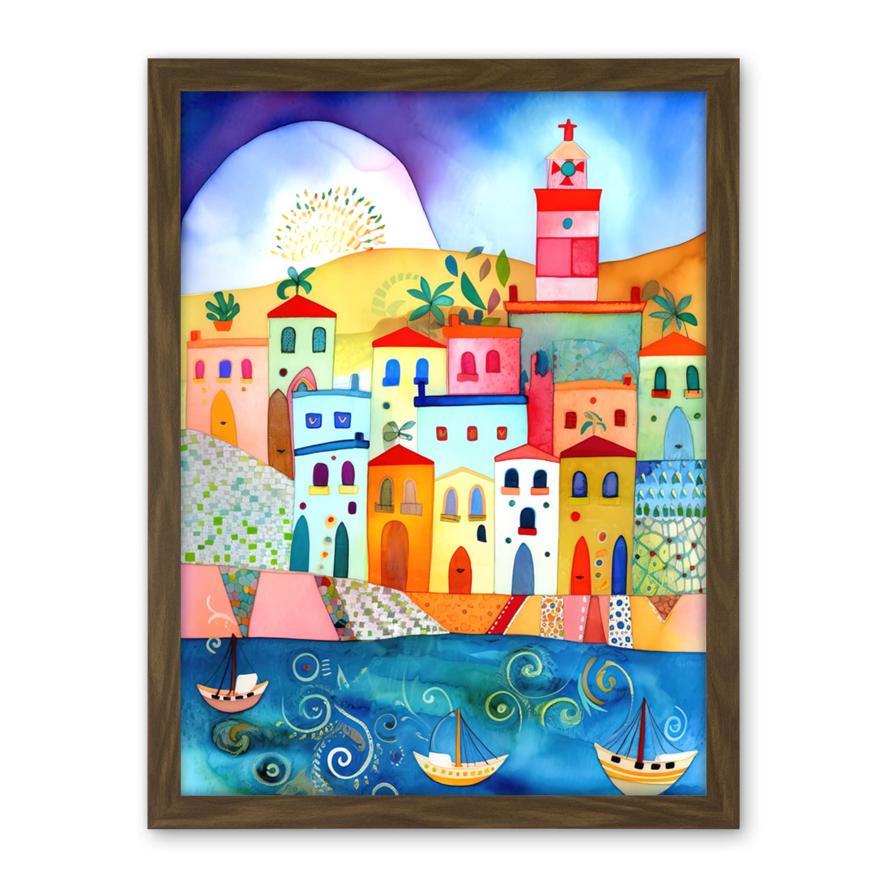 Artery8 Tunisia Seaside Town Folk Art Artwork Framed Wall Art Print 18X24 Inch