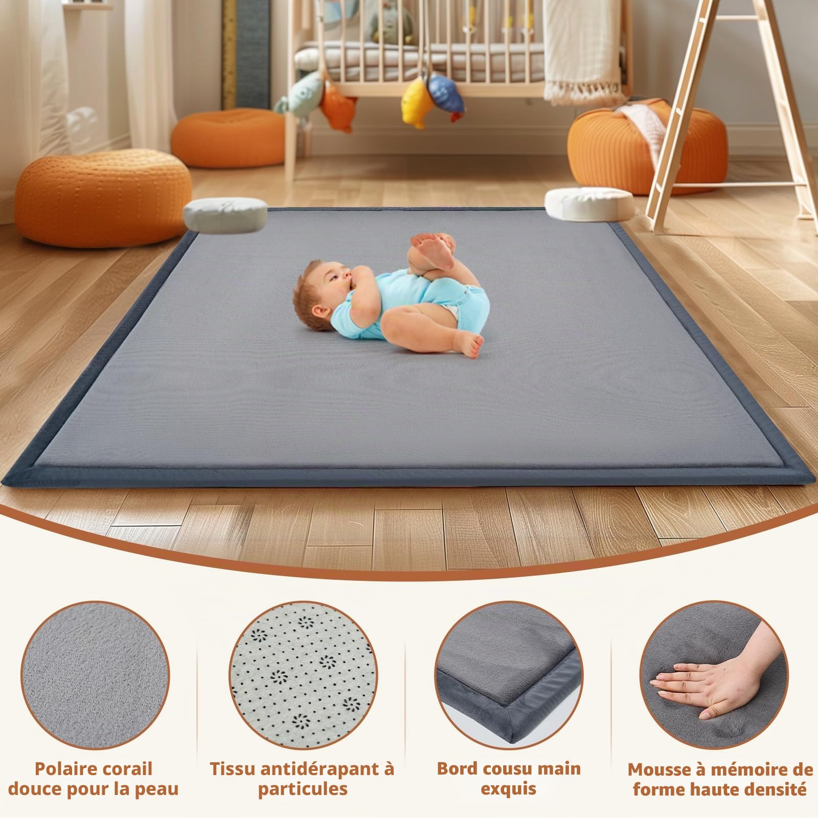 SUNYRISY Tapis de jeu pour bébé au sol de 3,5 cm d'épaisseur, 180 x 200 cm en mousse, tapis de jeu rembourré pour bébés, tapis de parc doux et pliable pour enfants pour ramper et jouer, fond