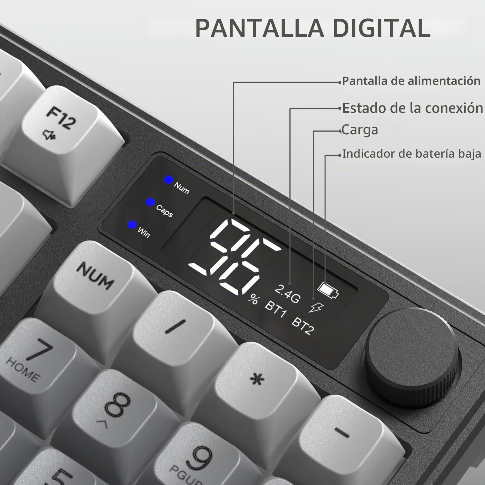 FREEWOLF M96 Teclado Inalámbrico para Juegos, Control De Perilla BT/2.4G Teclado Inalámbrico, Sensación Mecánica, Backlit LED, Pantalla De Visualización, Tecla PBT, 3000 mAh, QWERTY -Negro Degradado