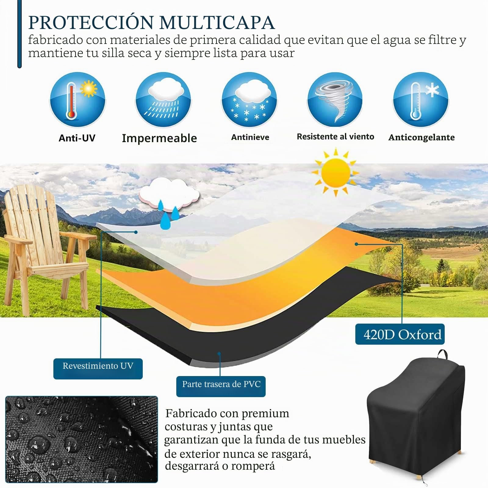 Schleuder Funda para Adirondack, Fundas para Sillas de Jardin, para Silla de Jardín Adirondack, Tela Oxford 420D, Cubierta Impermeable Resistente a Los Rayos UV, Funda Sillas Jardin Impermeable