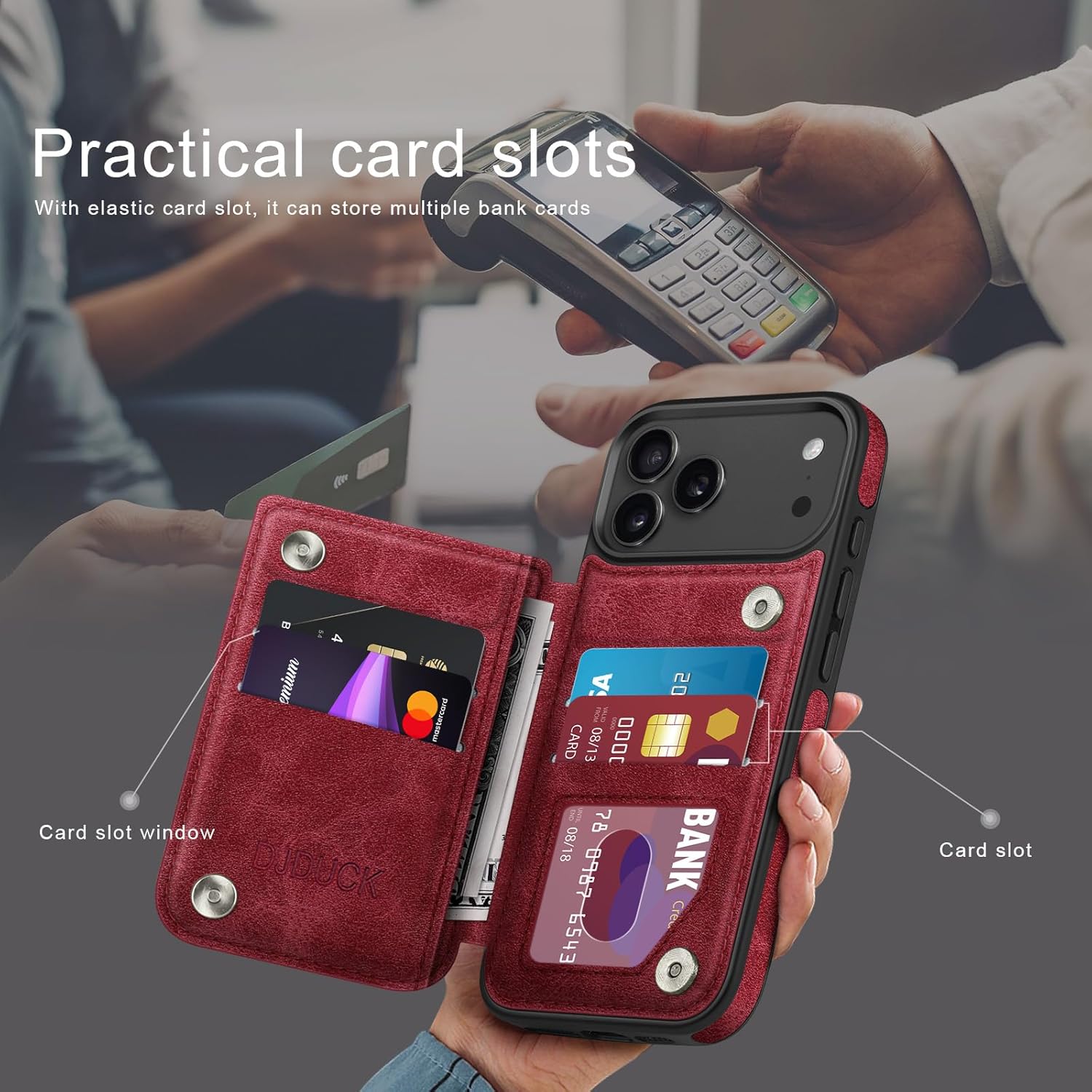 DJDUCK Designed for iPhone 17 Pro Max Case Wallet with Card Holder, [Magnetic Clasp Cover] [RFID Blocking Leather Protection] Shockproof Women Men Cases 6.9 Inch for Apple 17 ProMax Red - Image 3