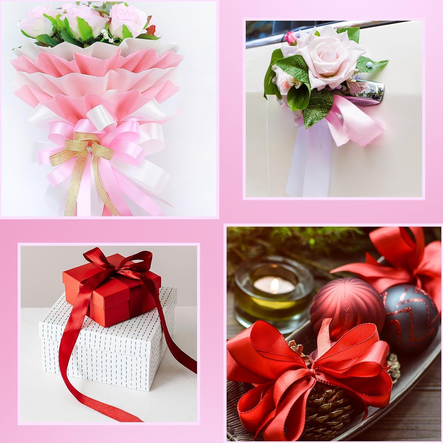 Pink Satin Ribbon 1-1/2 Inch x 2 Rolls Pink Wide Satin Fabric Ribbon for Gift Packaging, Christmas, Wedding, Flower Bouquet, Holiday Party, Invitation, Total 50 Yards