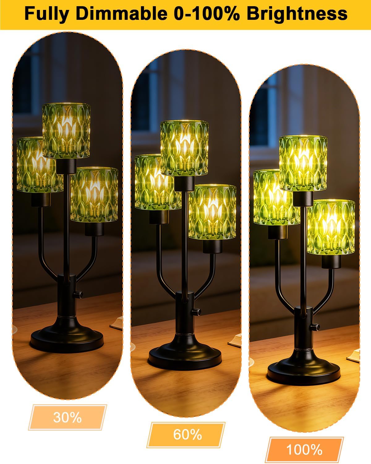 Lightdot Modern Glass Table Lamp Dimmable Mid Century 3-Light Black Desk Lamp with Green Glass Shade& Bulb Included 3000K Warmwhite Nightstand Lamp for Bedroom Bedside End Table