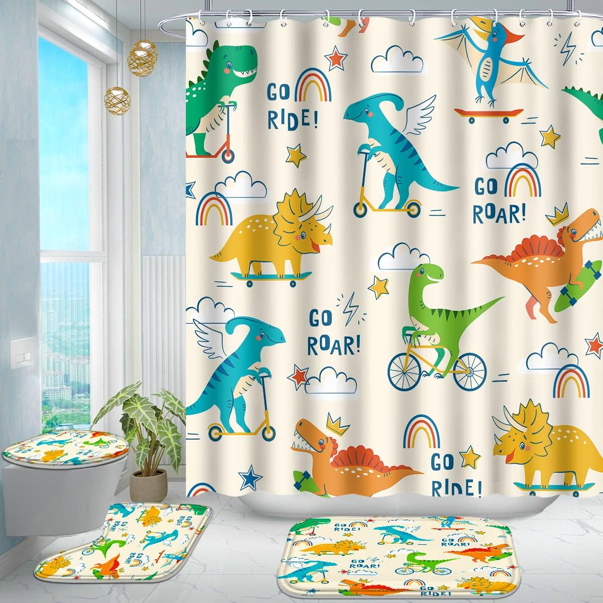 Poedist 4 Pcs Bathroom Shower Curtain Set,Kid's Bathroom Set,Shower Curtain Sets with Rugs(Bath Mat,U Shape and Toilet Lid Cover Mat) and 12 Hooks,Alphabet Cartoon