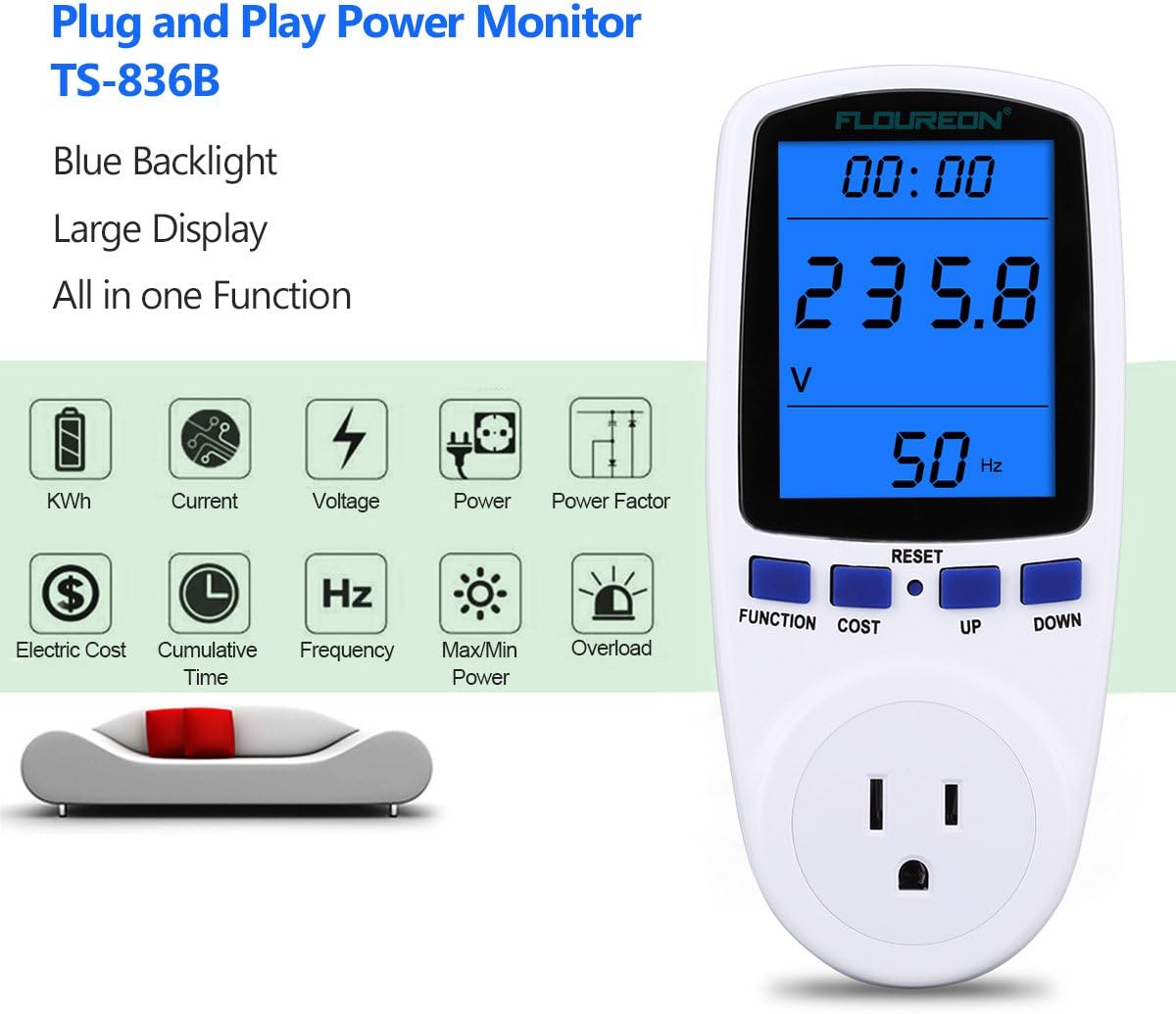 Floureon Power Meter Plug Energy Electricity Usage Monitor Power Meter Outlet Power Energy Watt Voltage Amps Hertz With Lcd Display 7 Measuring Modes Amazon Com